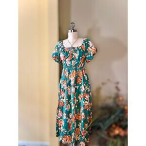 Zesica Puff-sleeve Dress w/ Floral Orange and White Pattern